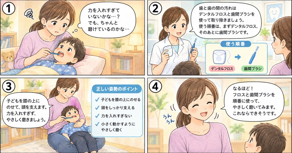 フロスなど補助清掃用具の使い方とお子様の仕上げ磨き